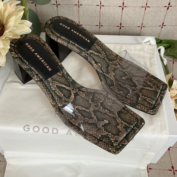 Good American Block Heel Slide Sandals Desert Snake GA119K-X New Dust Bag Size 6 - Picture 2 of 5